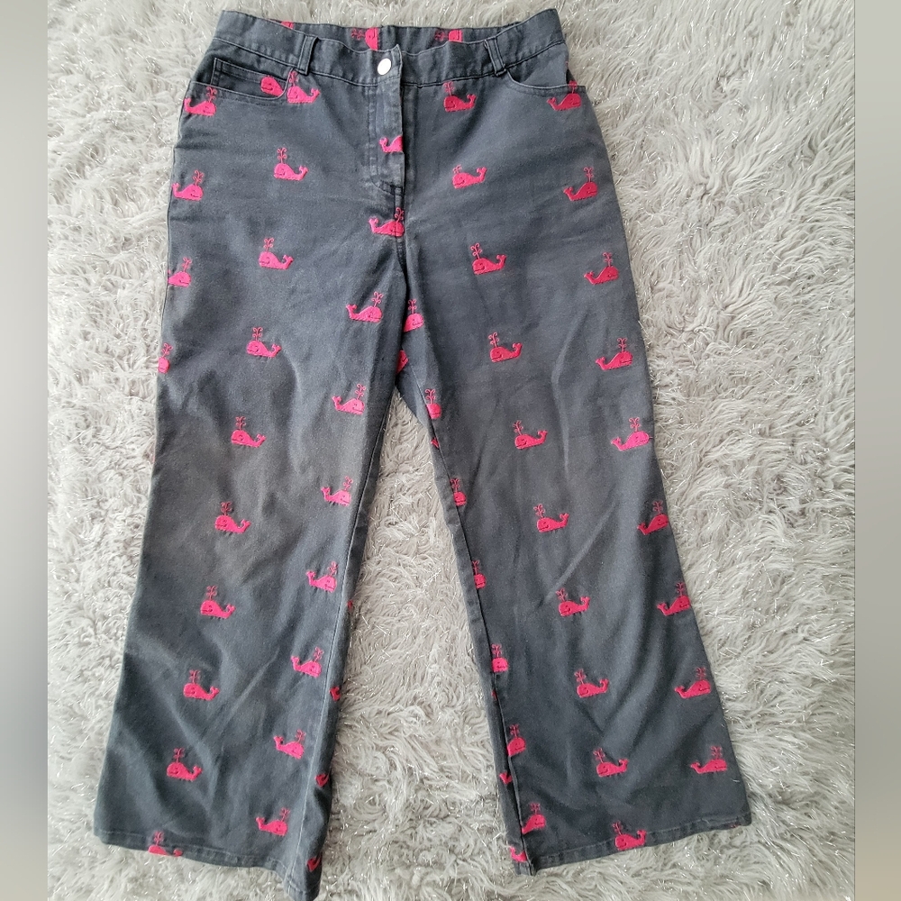 Vintage Lilly Pulitizer Girls Gray Pink Whale Embroidered Wide Leg Chino Pants